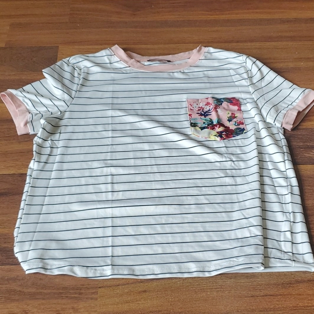 Black and white striped shirt with floral pocket